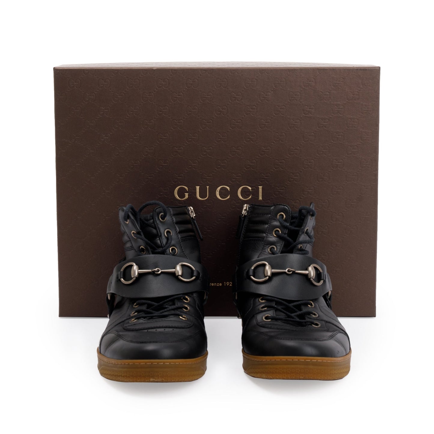 Gucci Black Leather Horsebit Accent High Top Sneakers, Size 8.5