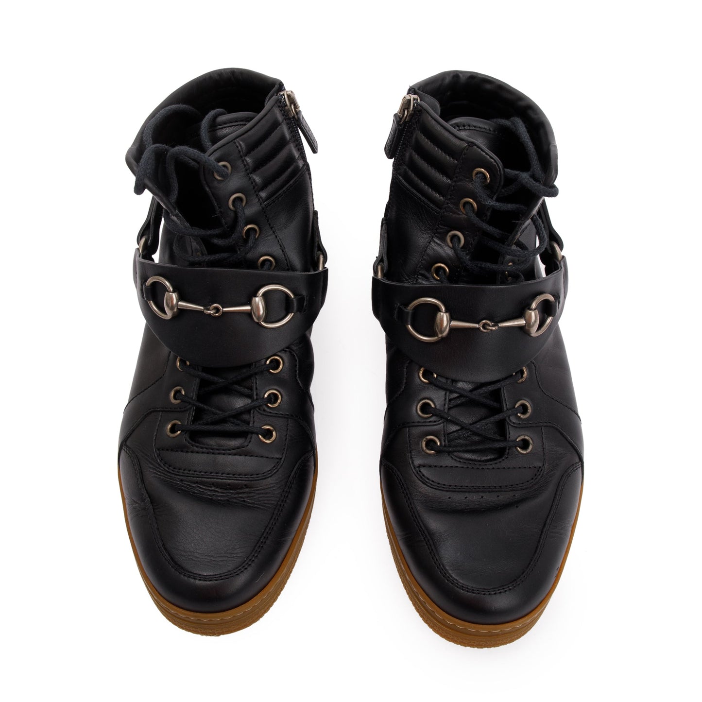 Gucci Black Leather Horsebit Accent High Top Sneakers, Size 8.5