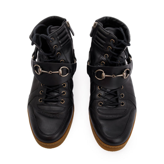 Gucci Black Leather Horsebit Accent High Top Sneakers, Size 8.5