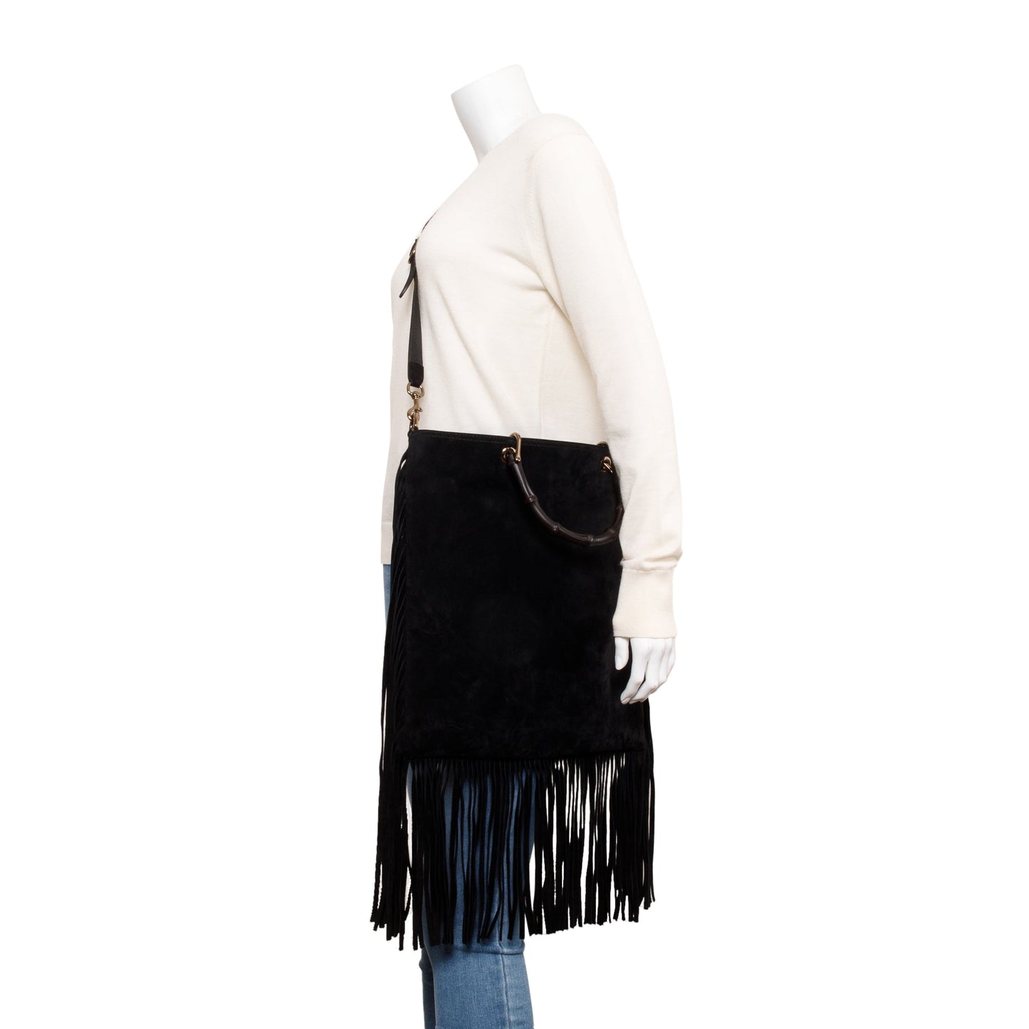 Gucci Black Suede Bamboo Fringe Shopper Tote