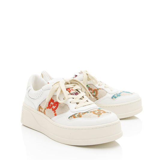 Gucci Calfskin Embroidered Canvas GG Tennis Sneakers - Size 6.5 / 36.5