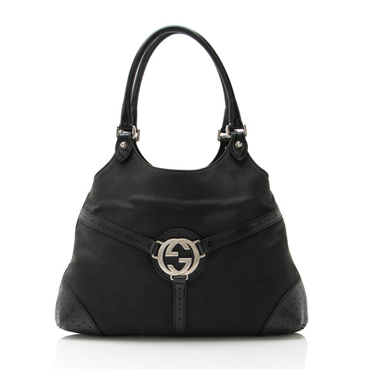 Gucci Canvas Perforated Leather Interlocking G Reins Satchel