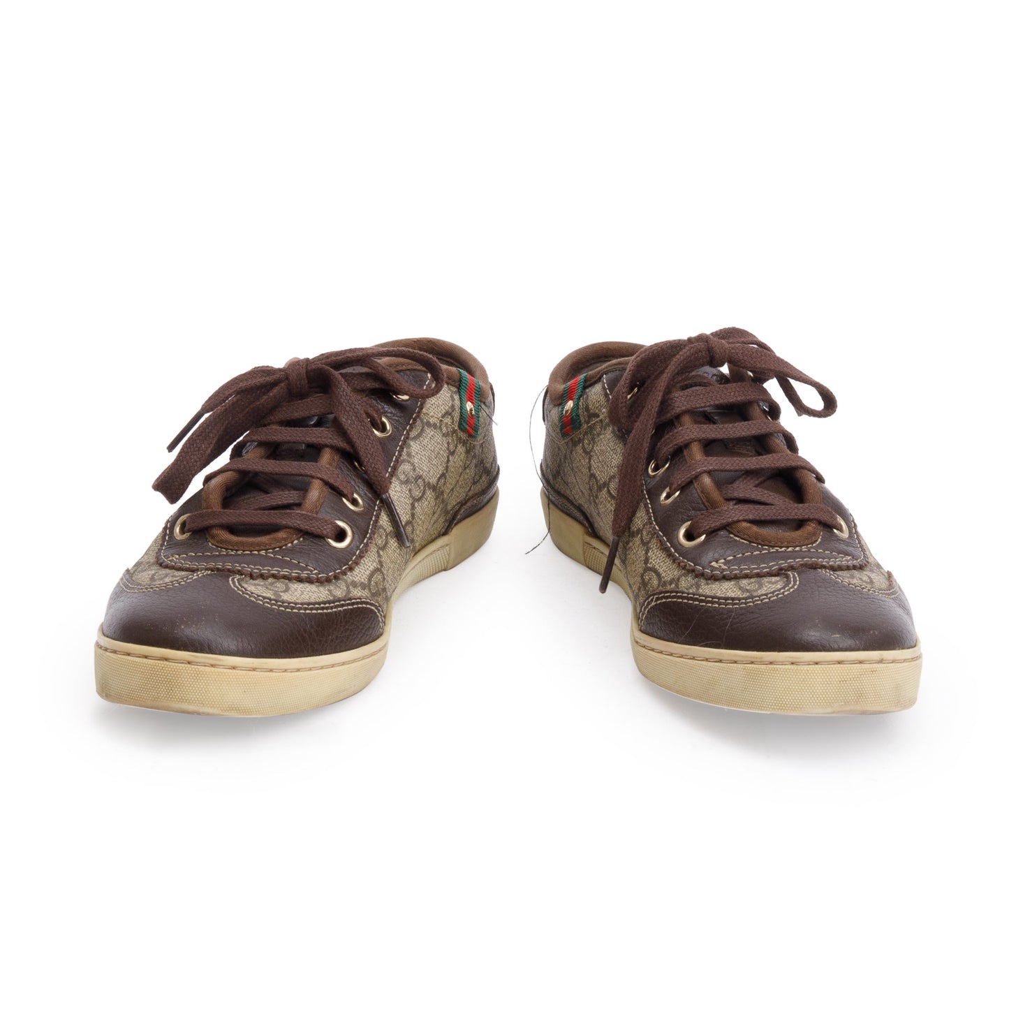 Gucci GG Supreme Brown Leather Trim Web Low Top Sneakers, Size 36