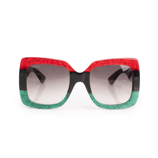 Gucci GG0083S Red/Green Glitter Black Acetate CC Logo Oversized Square Sunglasses