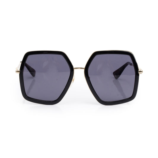 Gucci GG0106S Black Acetate Bee Accent Oversized Square Sunglasses