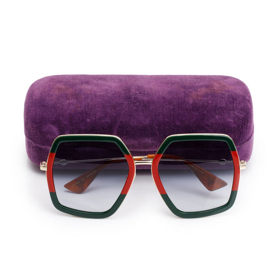 Gucci GG0106S Green, Red Web Acetate Interlocking G Oversized Sunglasses