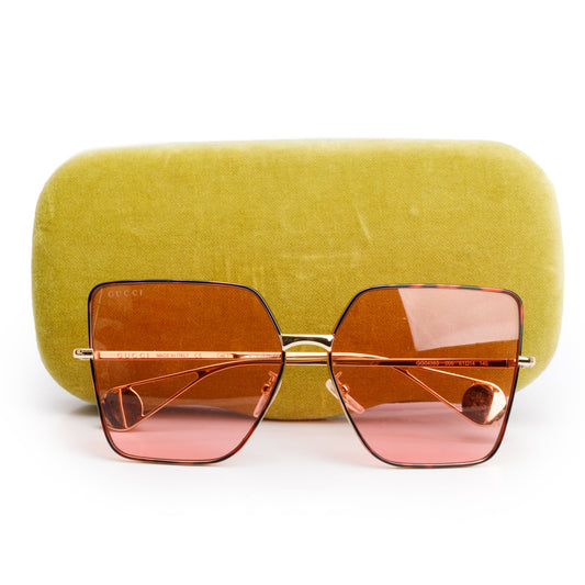 Gucci GG0436S Gold-Tone Metal Square Frame Pink Lenses Sunglasses