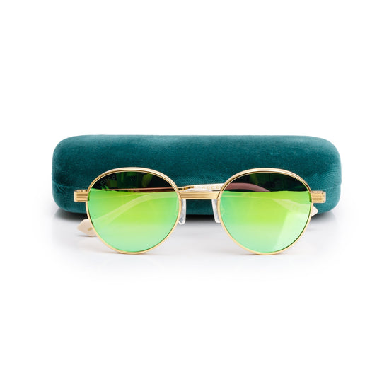 Gucci GG0872S Gold Tone Metal White Acetate Green Round Sunglasses