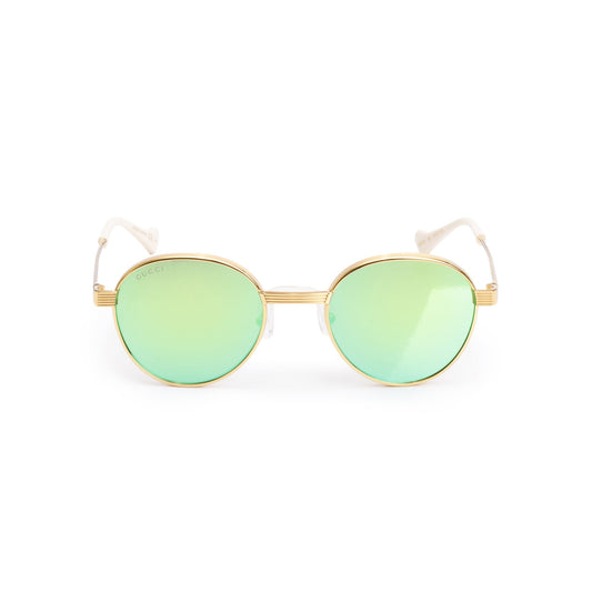 Gucci GG0872S Gold Tone Metal White Acetate Green Round Sunglasses