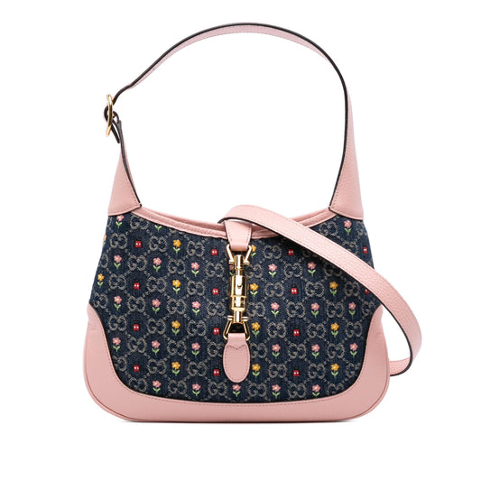 Gucci Limited Edition Small GG Embroidered Denim Floral Jackie 1961 Crossbody