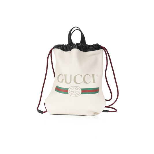 Gucci Logo Print Leather Drawstring Backpack