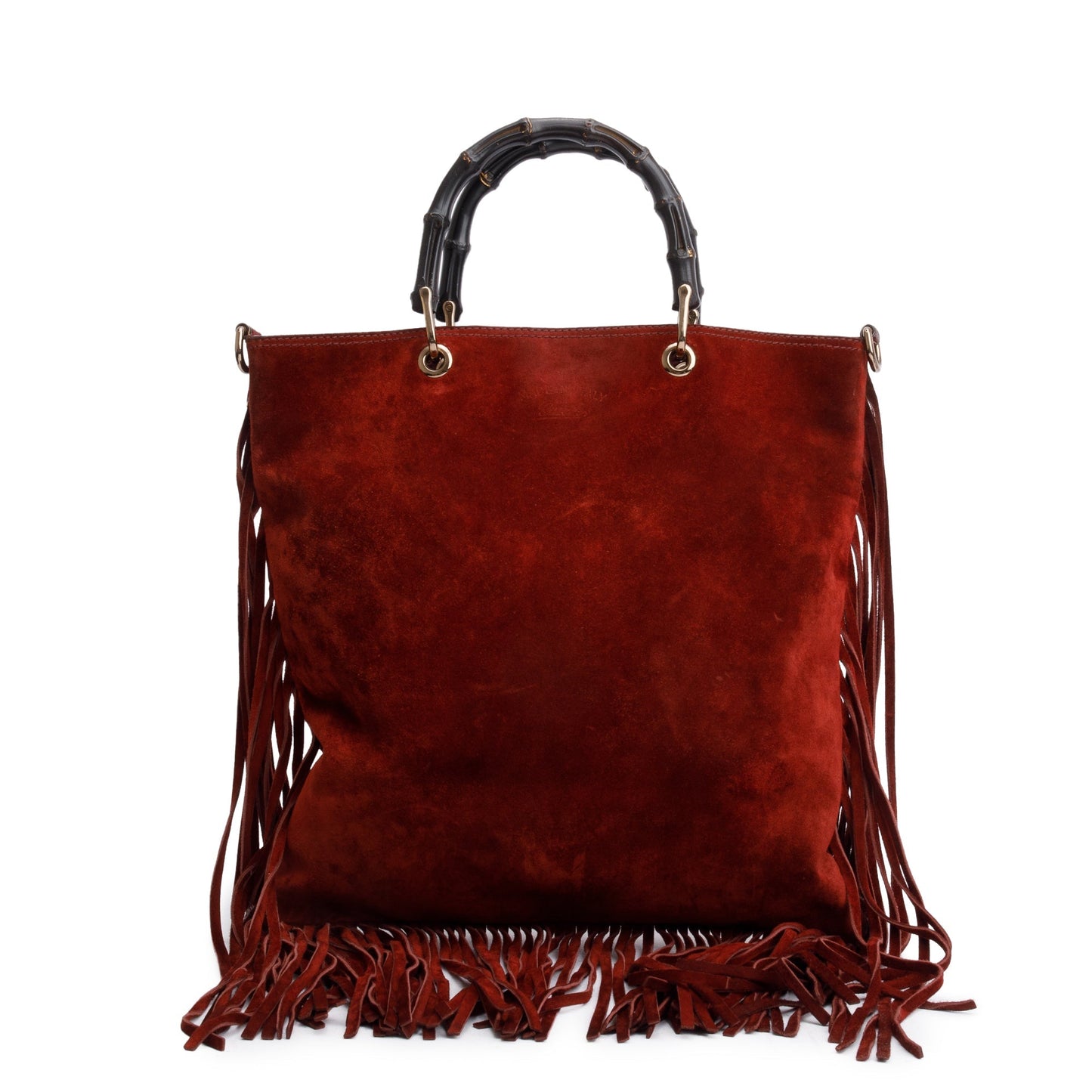 Gucci Maroon Suede Bamboo Fringe Shopper Tote