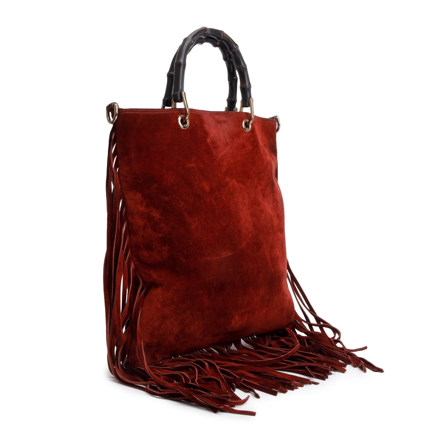 Gucci Maroon Suede Bamboo Fringe Shopper Tote