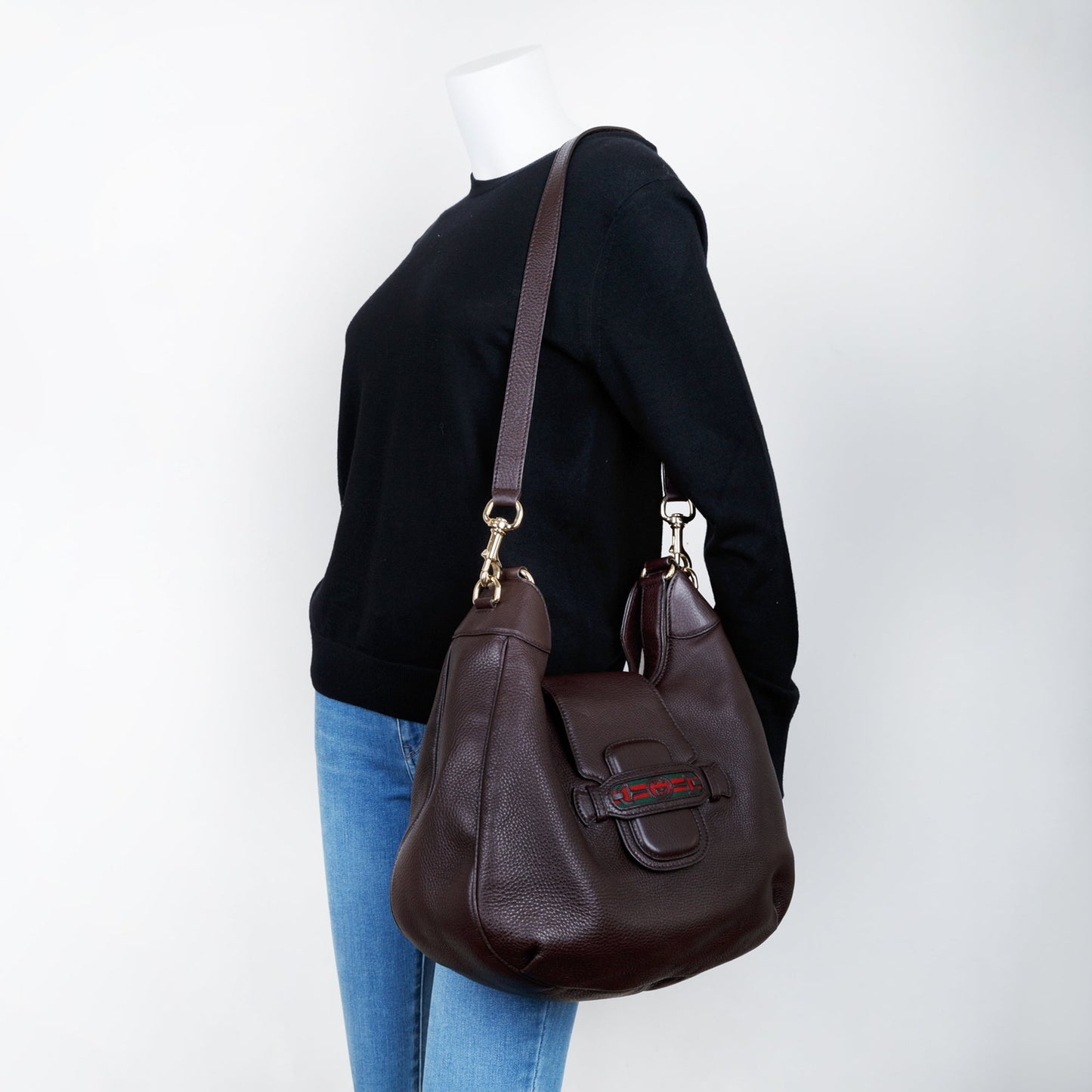 Gucci Medium Brown Leather Dressage Web Hobo Bag