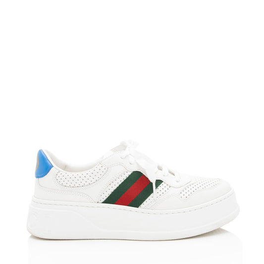 Gucci Perforated Leather Web Chunky B Sneakers - Size 8.5 / 38.5