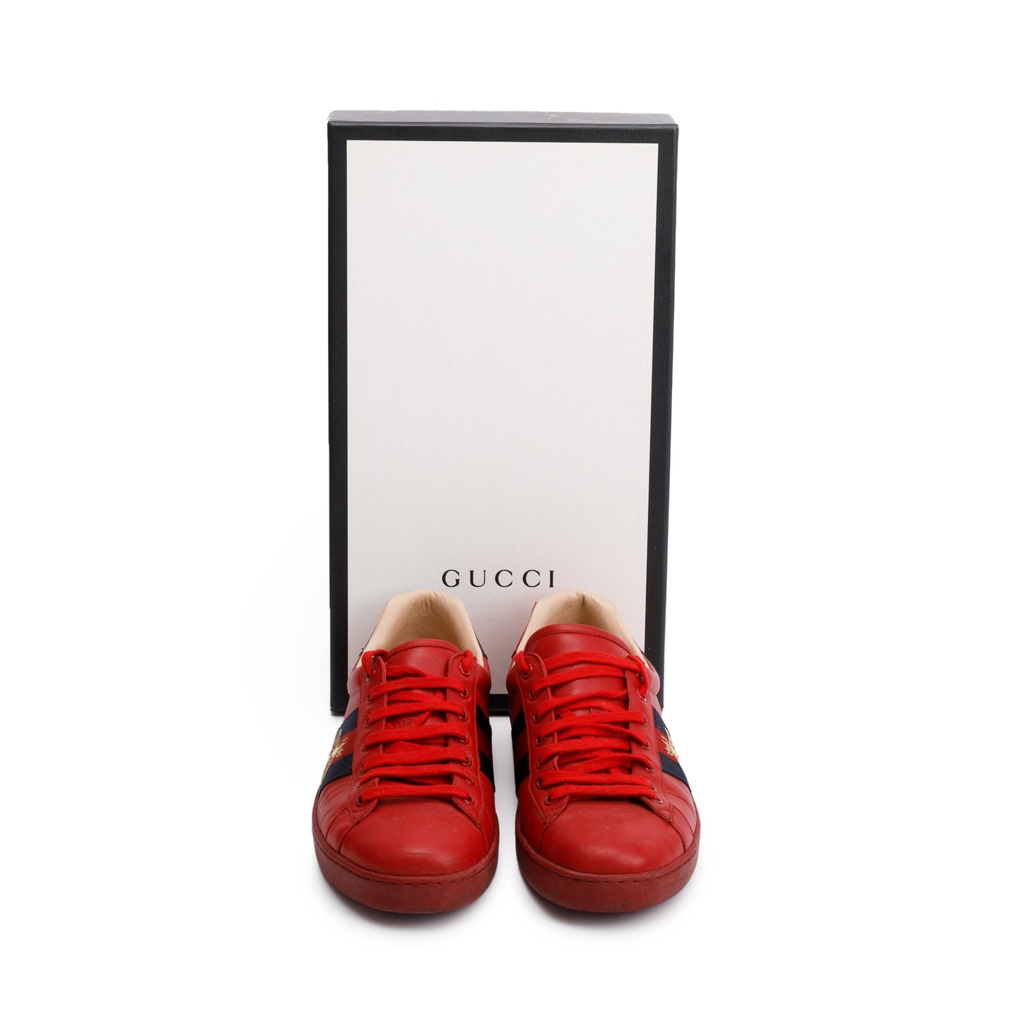 Gucci Red Leather Web Bee Embroidered Ace Sneakers, Size 8.5