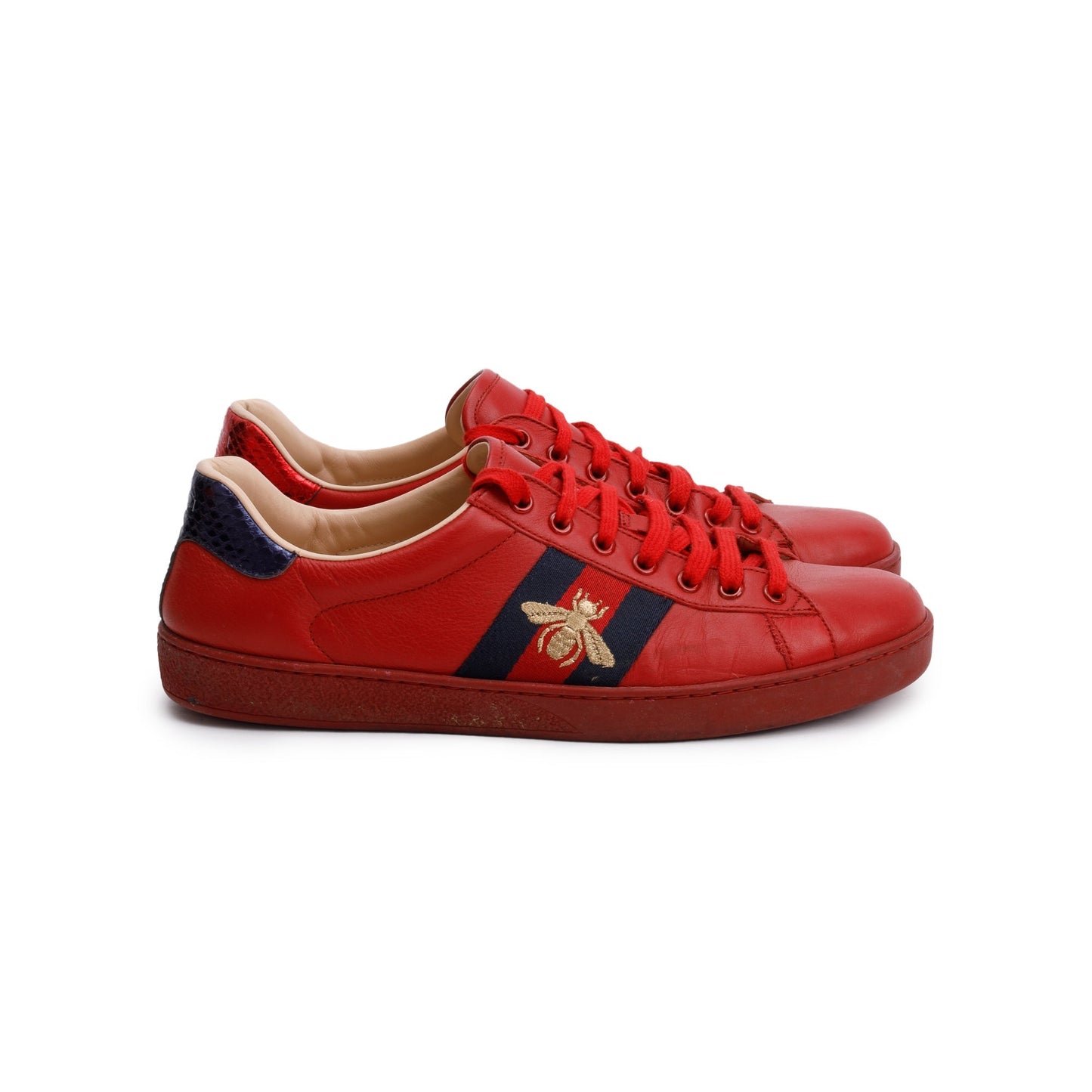 Gucci Red Leather Web Bee Embroidered Ace Sneakers, Size 8.5