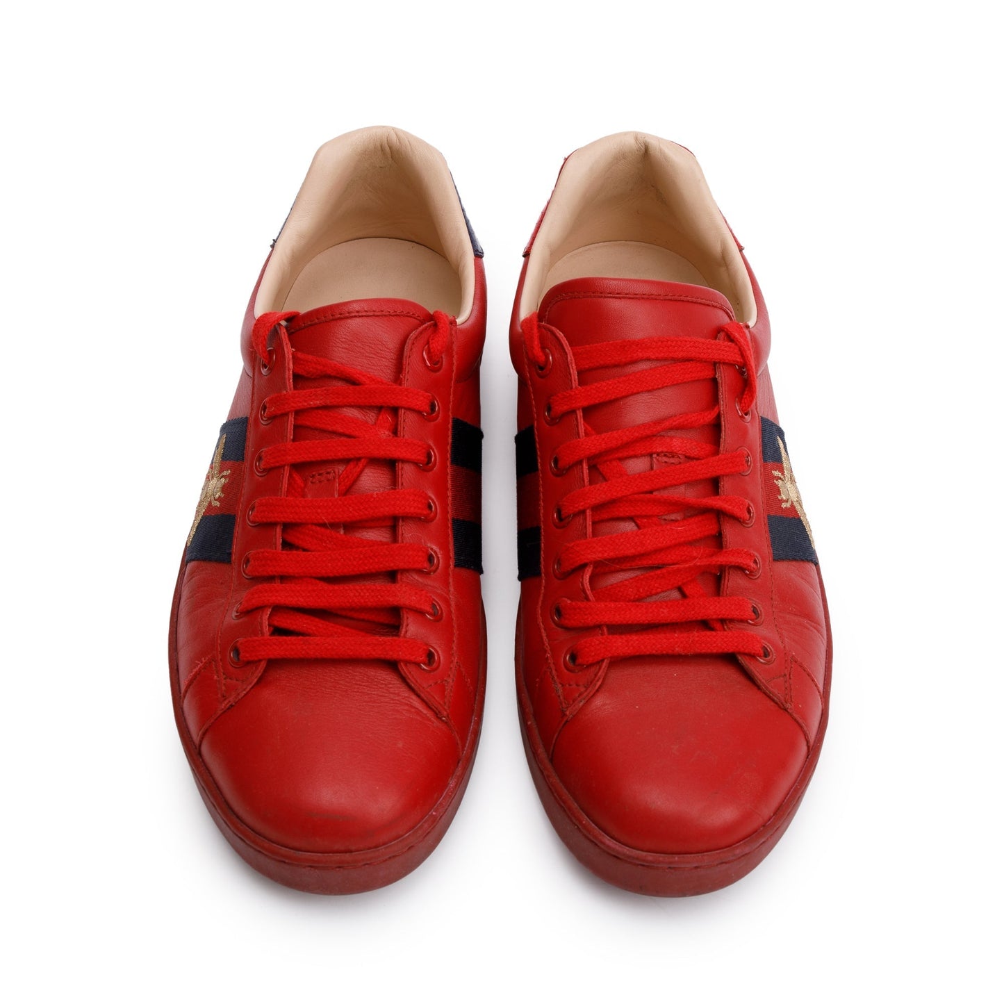 Gucci Red Leather Web Bee Embroidered Ace Sneakers, Size 8.5