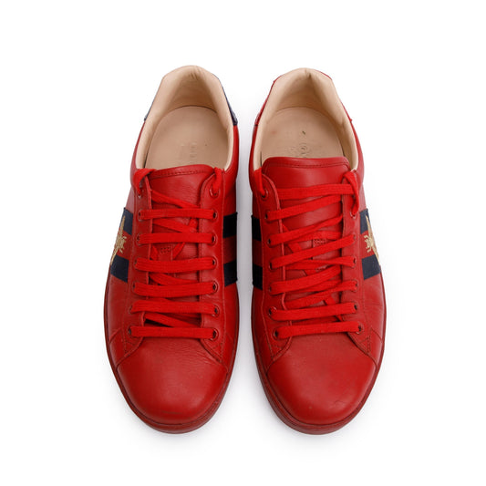 Gucci Red Leather Web Bee Embroidered Ace Sneakers, Size 8.5
