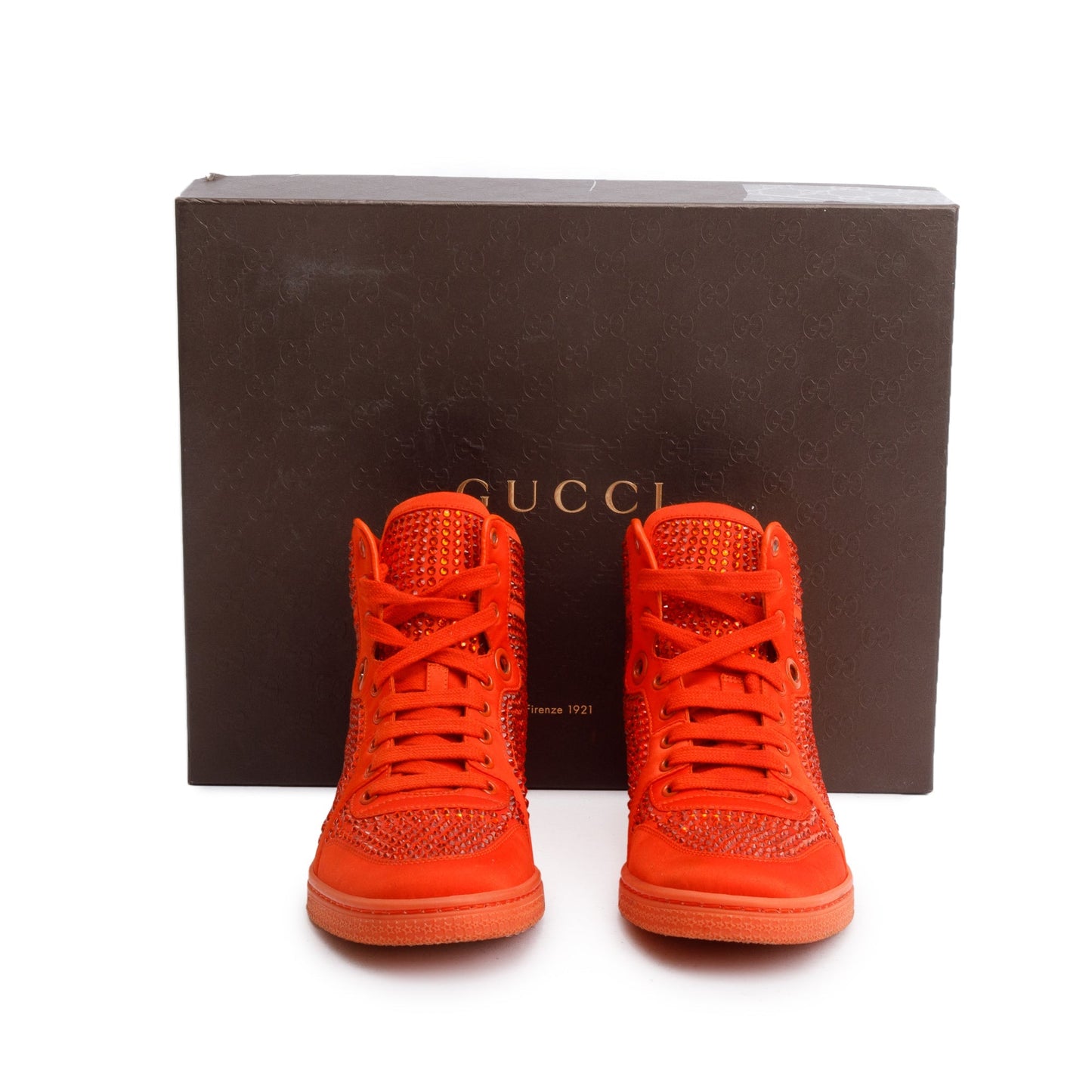 Gucci Red Suede Crystal Embellished High Top Sneakers, Size 38