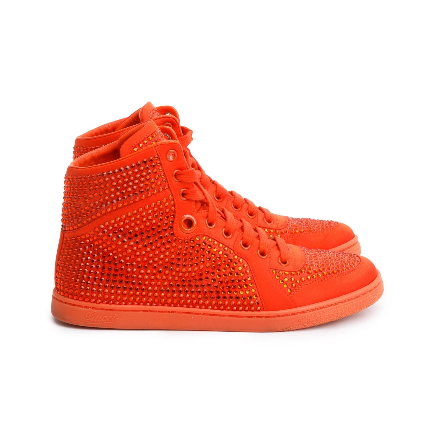 Gucci Red Suede Crystal Embellished High Top Sneakers, Size 38