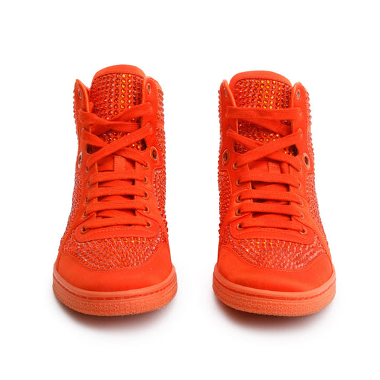 Gucci Red Suede Crystal Embellished High Top Sneakers, Size 38