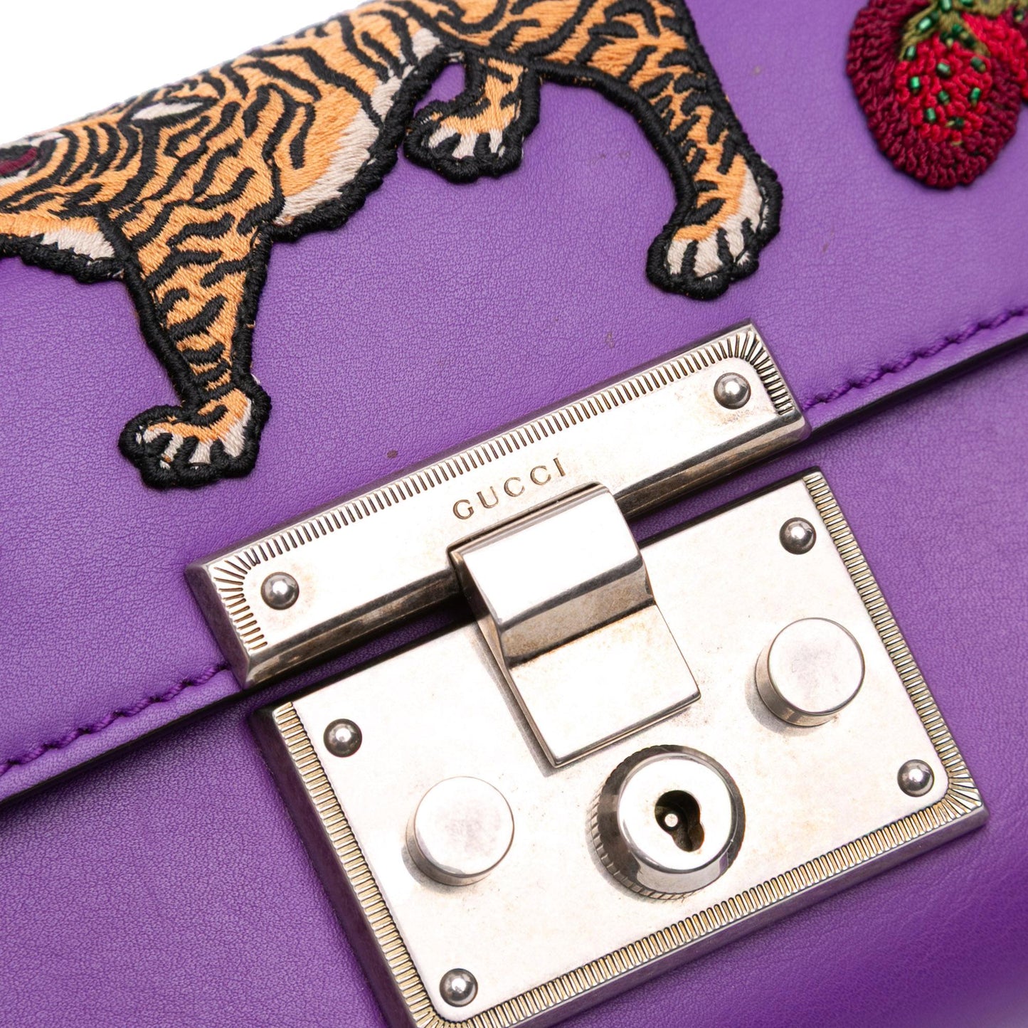Gucci Small Embroidered Calfskin Tiger Strawberry Padlock Crossbody