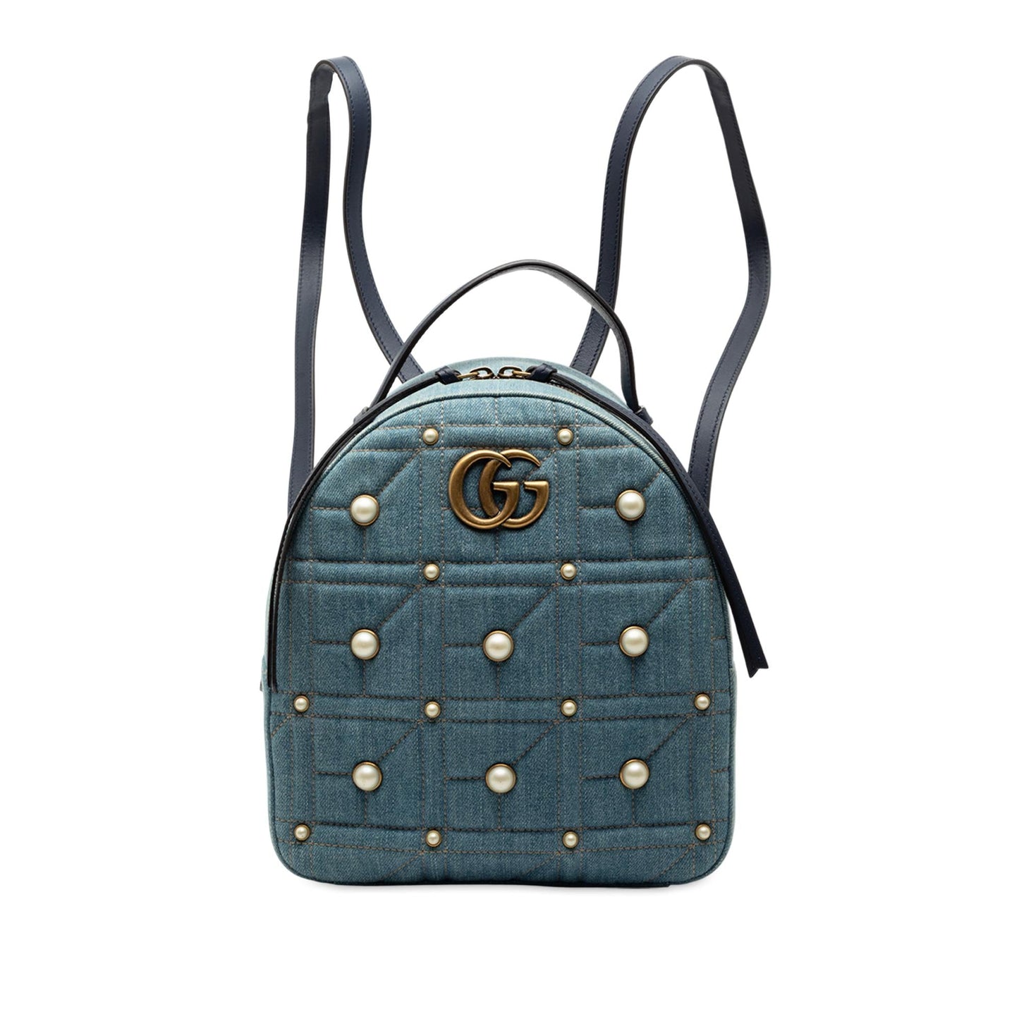 Gucci Small GG Marmont Pearl Studded Matelasse Denim Backpack