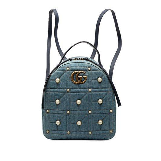 Gucci Small GG Marmont Pearl Studded Matelasse Denim Backpack