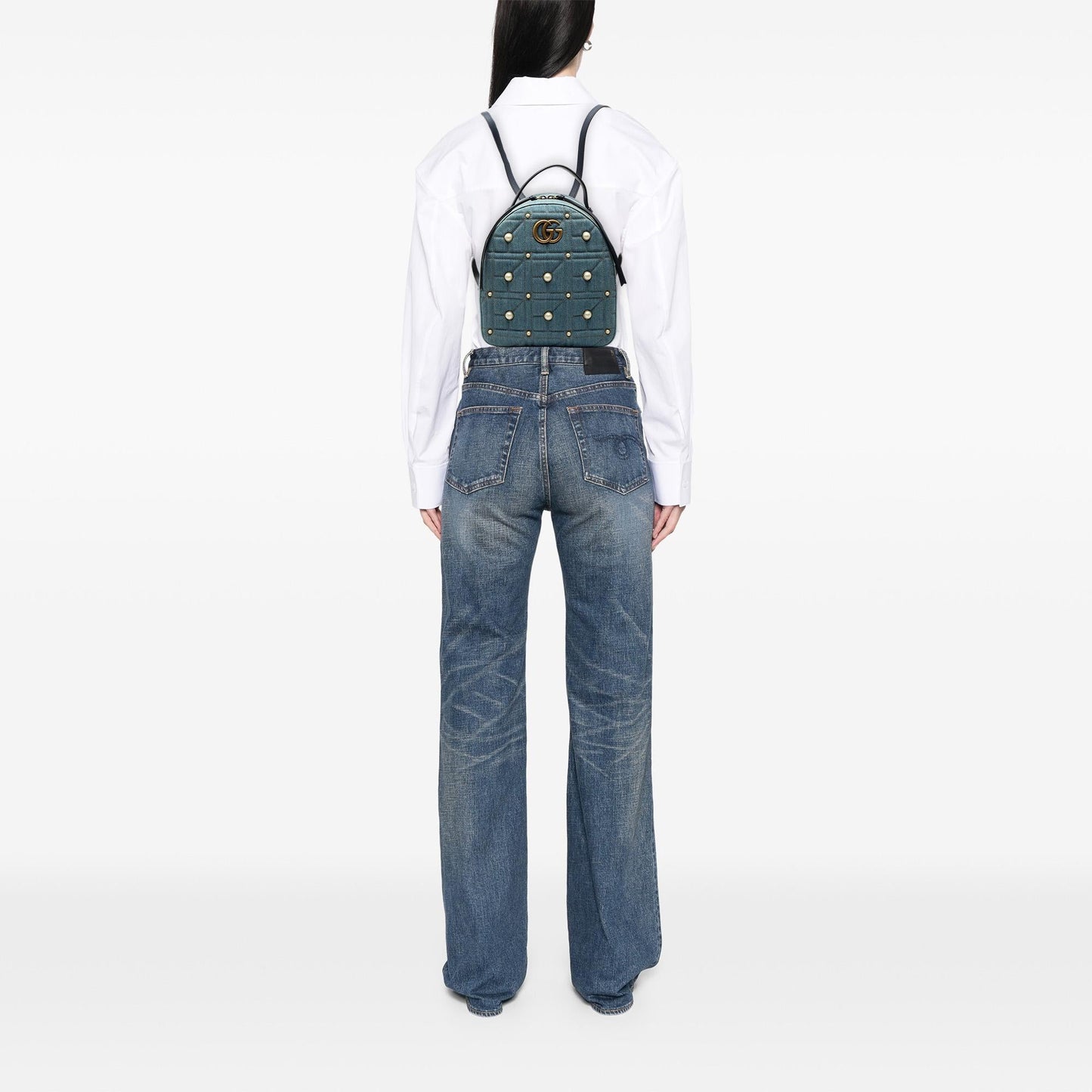 Gucci Small GG Marmont Pearl Studded Matelasse Denim Backpack