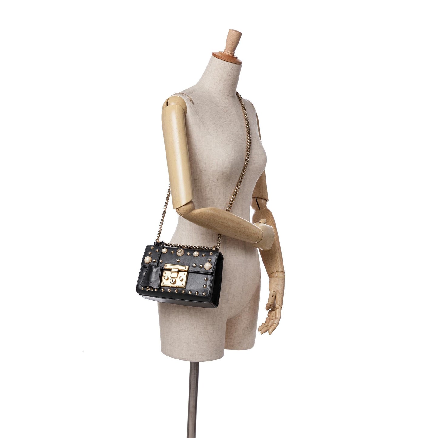 Gucci Small Pearl Studded Leather Padlock Crossbody