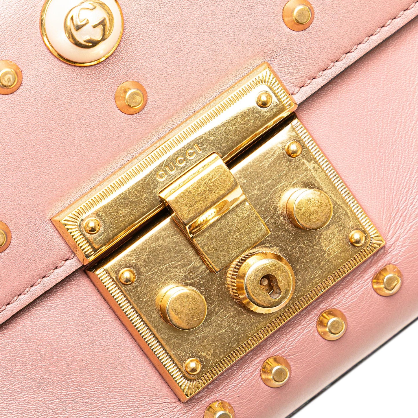 Gucci Small Pearl Studded Leather Padlock Crossbody