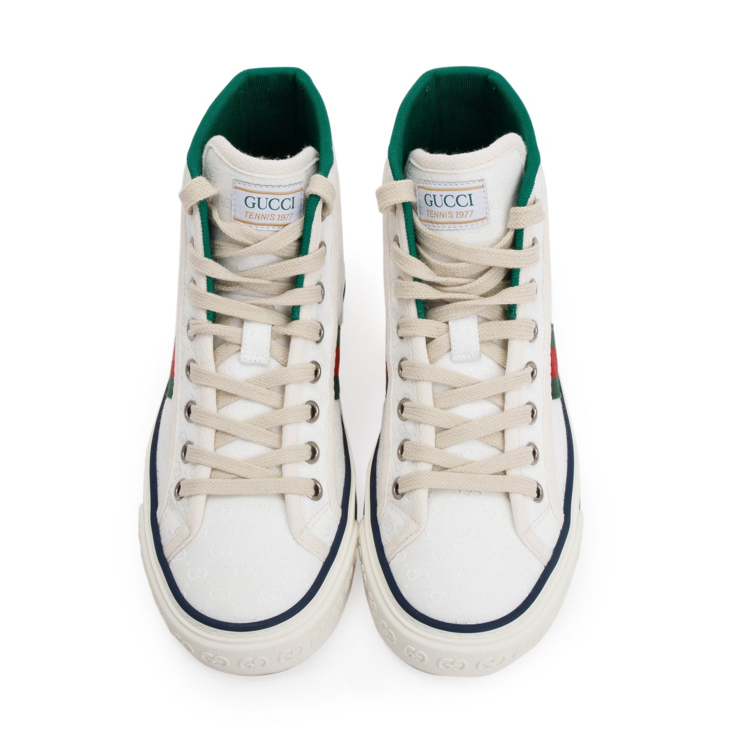 Gucci White GG Monogram Canvas Web 1977 High Top Tennis Sneakers, Size 35