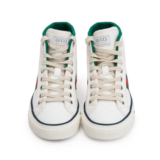 Gucci White GG Monogram Canvas Web 1977 High Top Tennis Sneakers, Size 35