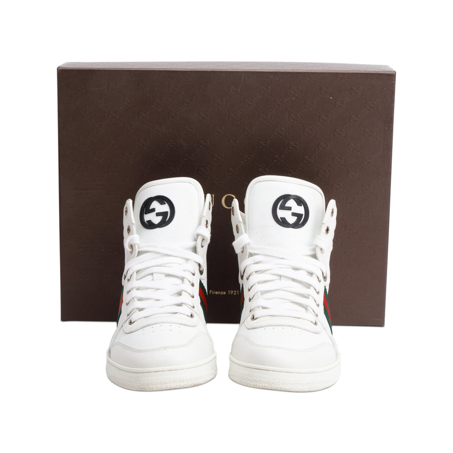 Gucci White Leather Web Interlocking G Coda Stripe High-Top Sneakers, Size 8.5