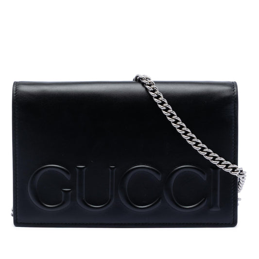 Gucci XL Leather Embossed Logo Wallet on Chain