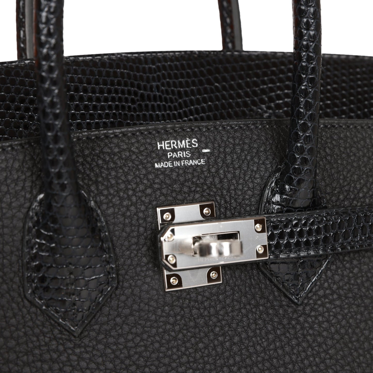 Luxury Hermes Birkin 25 Black Lizard and Togo Touch Palladium Hardware