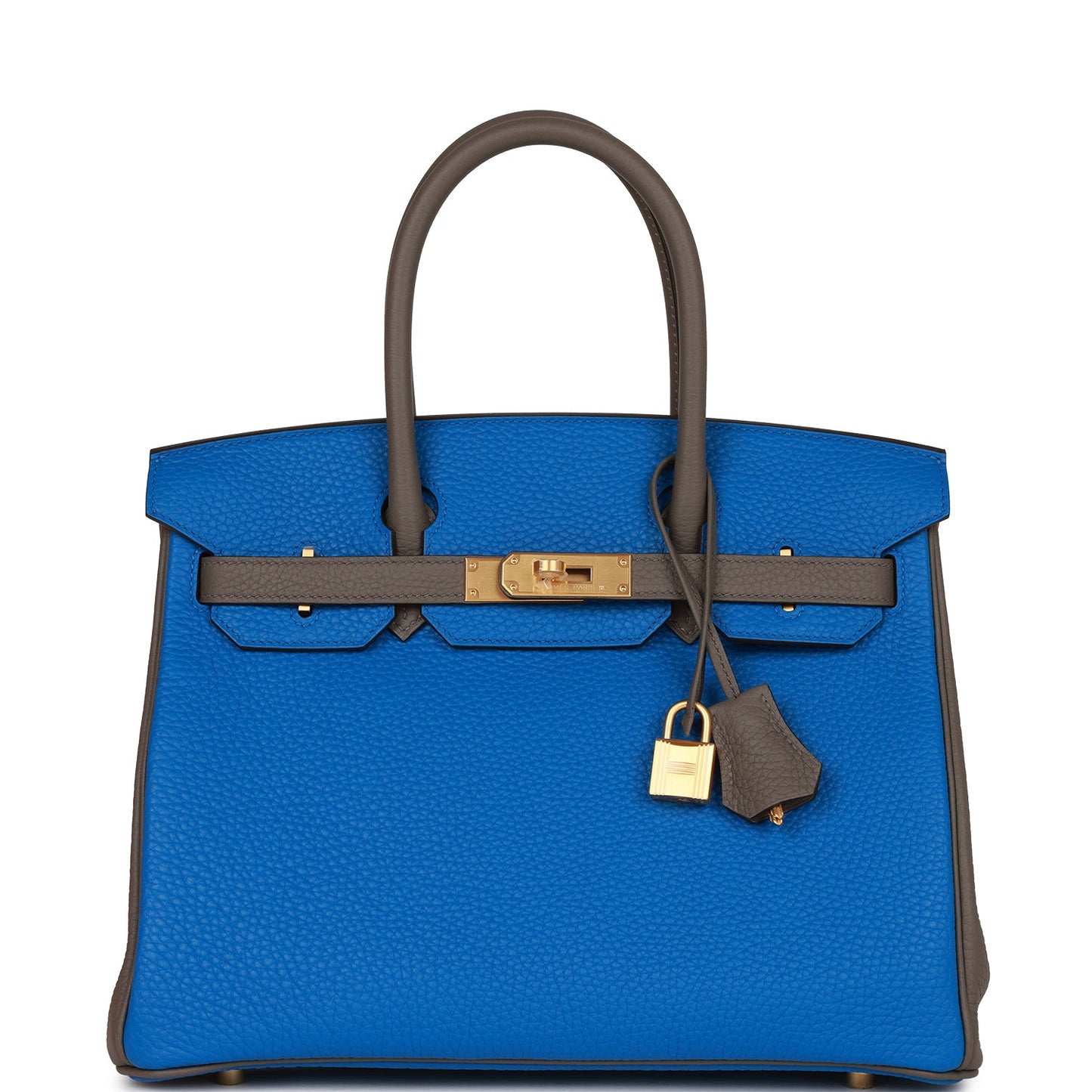 Luxury Hermes Special Order (HSS) Birkin 30 Bleu Electric and Etain Clemence Brushed Gold Hardware