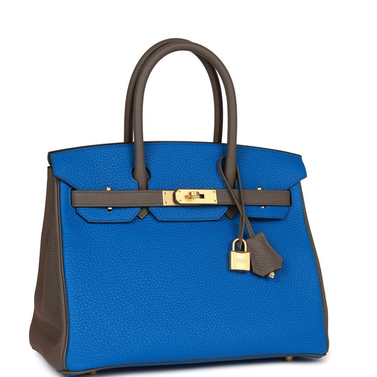 Luxury Hermes Special Order (HSS) Birkin 30 Bleu Electric and Etain Clemence Brushed Gold Hardware