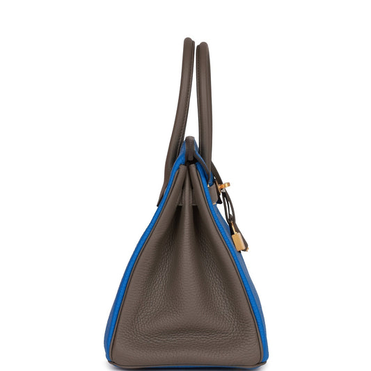 Luxury Hermes Special Order (HSS) Birkin 30 Bleu Electric and Etain Clemence Brushed Gold Hardware
