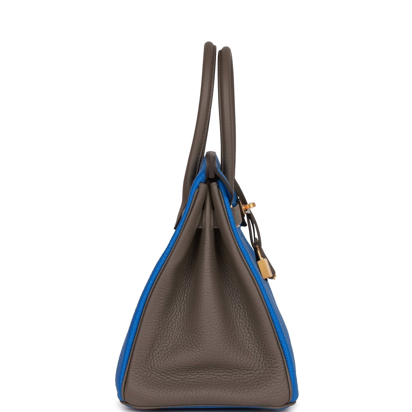 Luxury Hermes Special Order (HSS) Birkin 30 Bleu Electric and Etain Clemence Brushed Gold Hardware