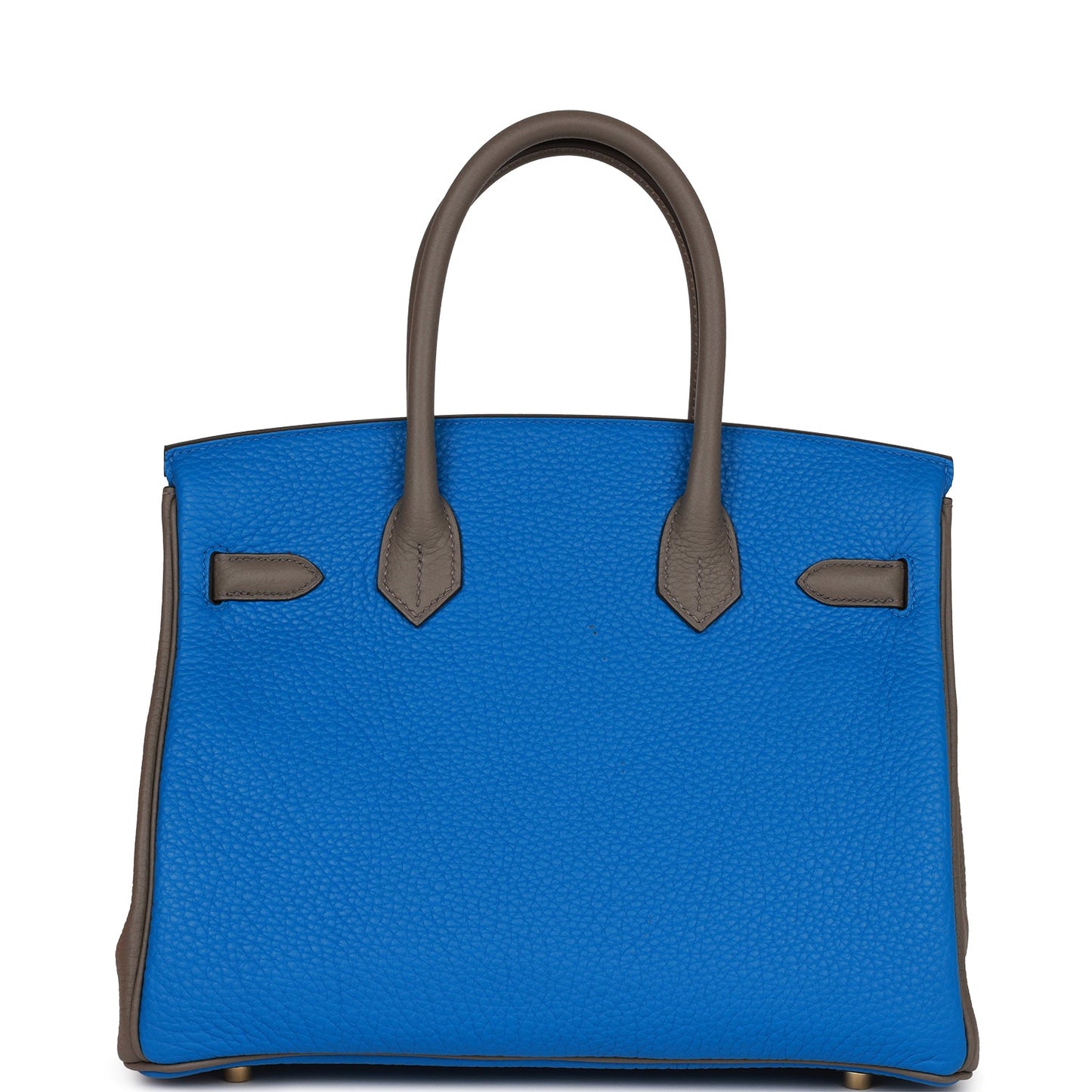 Luxury Hermes Special Order (HSS) Birkin 30 Bleu Electric and Etain Clemence Brushed Gold Hardware