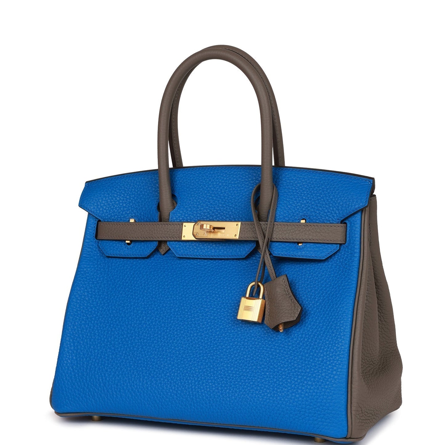 Luxury Hermes Special Order (HSS) Birkin 30 Bleu Electric and Etain Clemence Brushed Gold Hardware