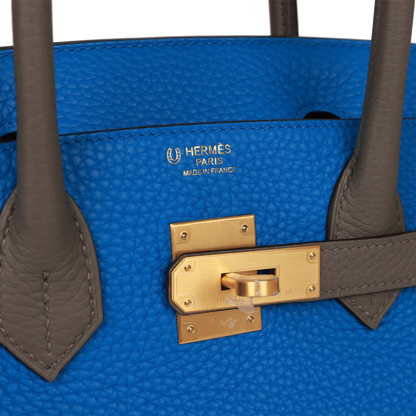 Luxury Hermes Special Order (HSS) Birkin 30 Bleu Electric and Etain Clemence Brushed Gold Hardware