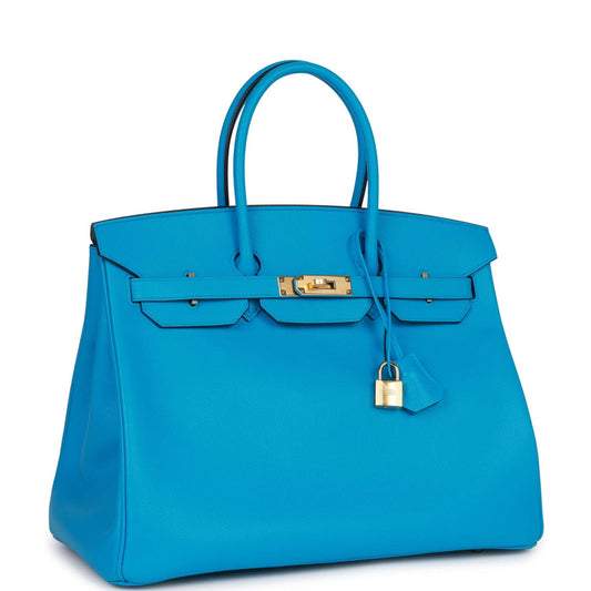 Luxury Hermes Birkin 35 Bleu Frida Epsom Gold Hardware