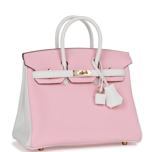 Luxury Hermes Special Order (HSS) Birkin 25 Rose Sakura and White Clemence Gold Hardware