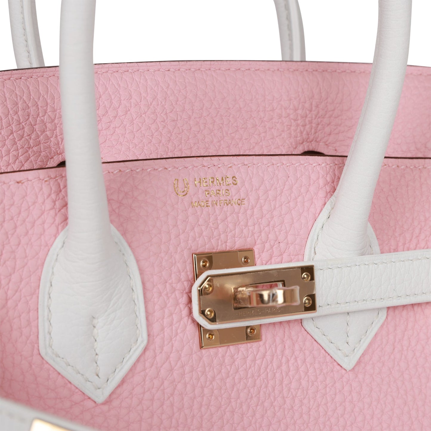 Luxury Hermes Special Order (HSS) Birkin 25 Rose Sakura and White Clemence Gold Hardware