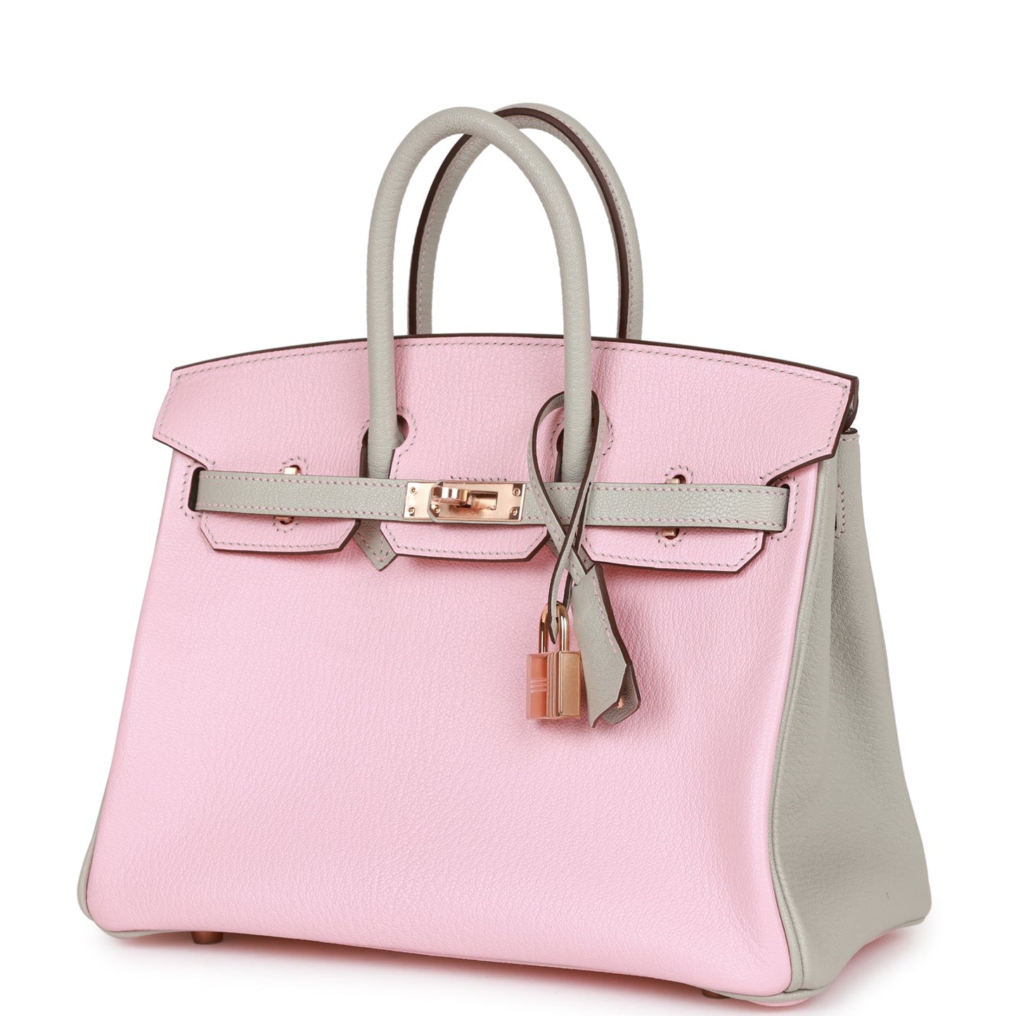 Luxury Hermes Birkin 25 HSS Rose Sakura and Gris Perle Chevre Mysore Rose Gold Hardware