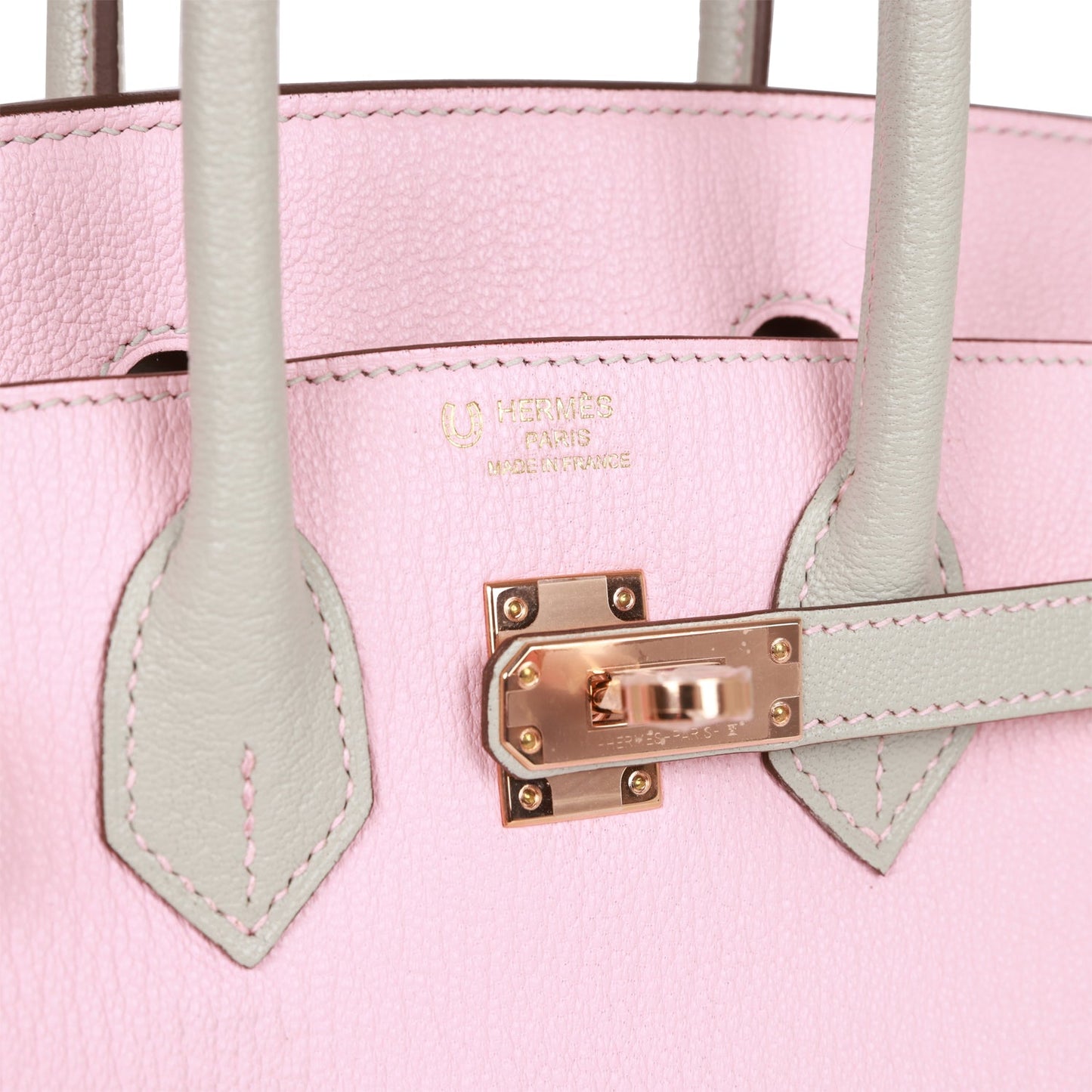 Luxury Hermes Birkin 25 HSS Rose Sakura and Gris Perle Chevre Mysore Rose Gold Hardware