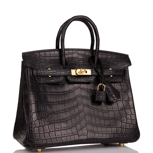 Luxury Hermes Birkin 25 Black Matte Niloticus Crocodile Gold Hardware